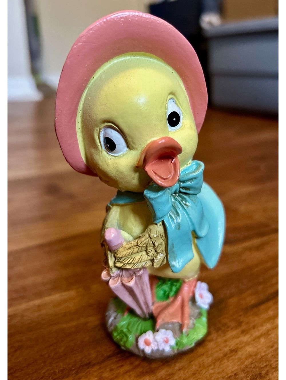 Vintage Yellow Duck Figurine with Pink Hat and Blue Bow